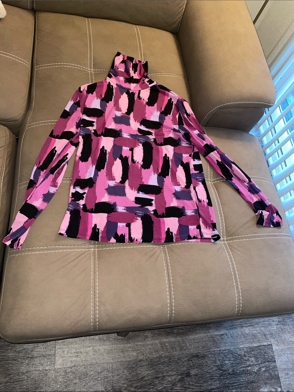 Abstract Brushstroke Pink Turtleneck Top
